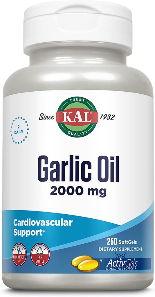 KAL Huile d'ail 2000 Softgels, 250 Nombre