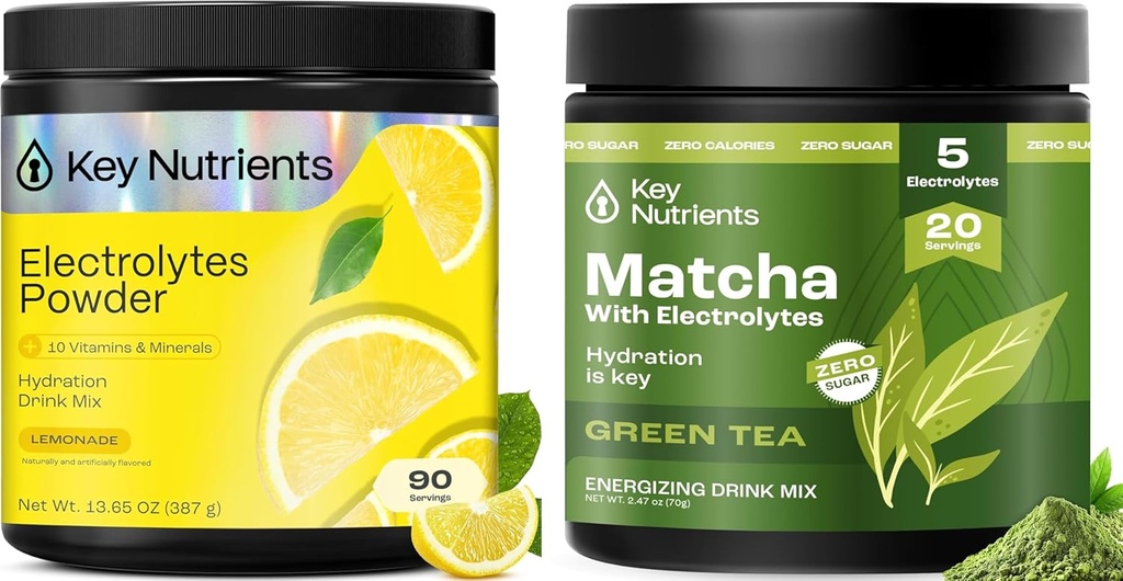 KEY NUTRIENTS Deal Bundle - Lemonade Electrolytes Powder (90 Servings) + Matcha Powder with Electrolytes for Hydration and Energy (20 Servings)