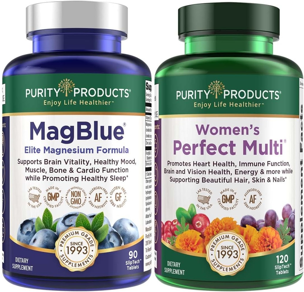 Ensemble de produits de pureté - MagBlue + Femmes Perfect Multi - MagBlue (Magnésium Bisglycinate + Vitamine D3 +Plus) - Femmes Perfect Multi - Soutient la santé urinaire, l'immunité, les ongles de peau de cheveux +Plus