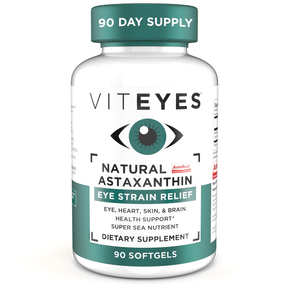 Astaxanthine naturelle Vityeyes, soulagement des yeux fatigués et de la souche oculaire, provenant d'algues, hydratation de la peau, santé du coeur et du cerveau, 4 à 8 mg d'astaxanthine naturelle, 90 softgels