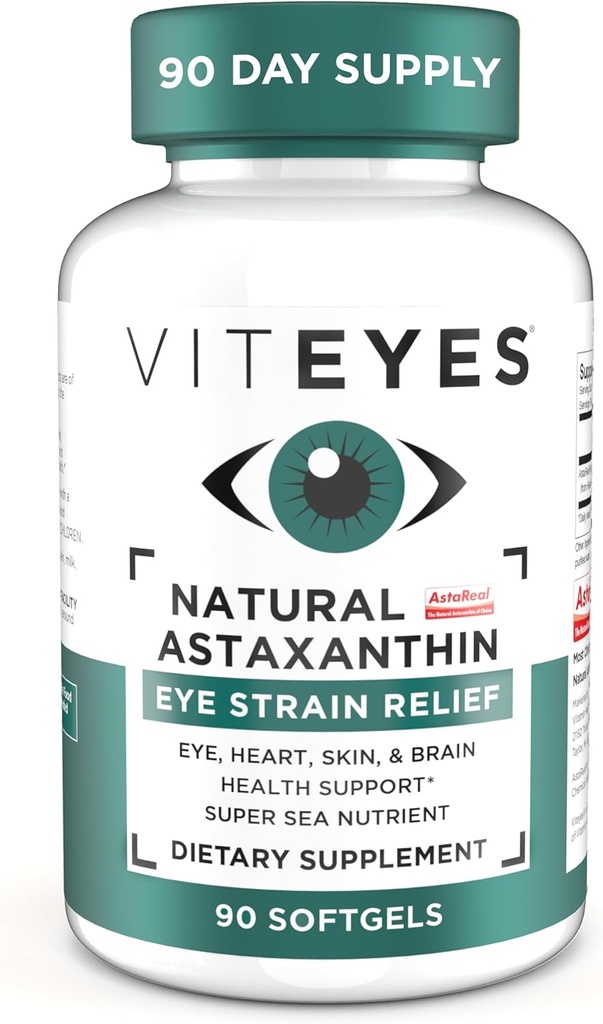 Viteyes Astaxanthine naturelle, soulager les yeux fatigués et la souche oculaire, provenant d'algues, hydratation de la peau, santé du coeur et du cerveau, 4 à 8 mg d'astaxanthine naturelle, 90 softgels