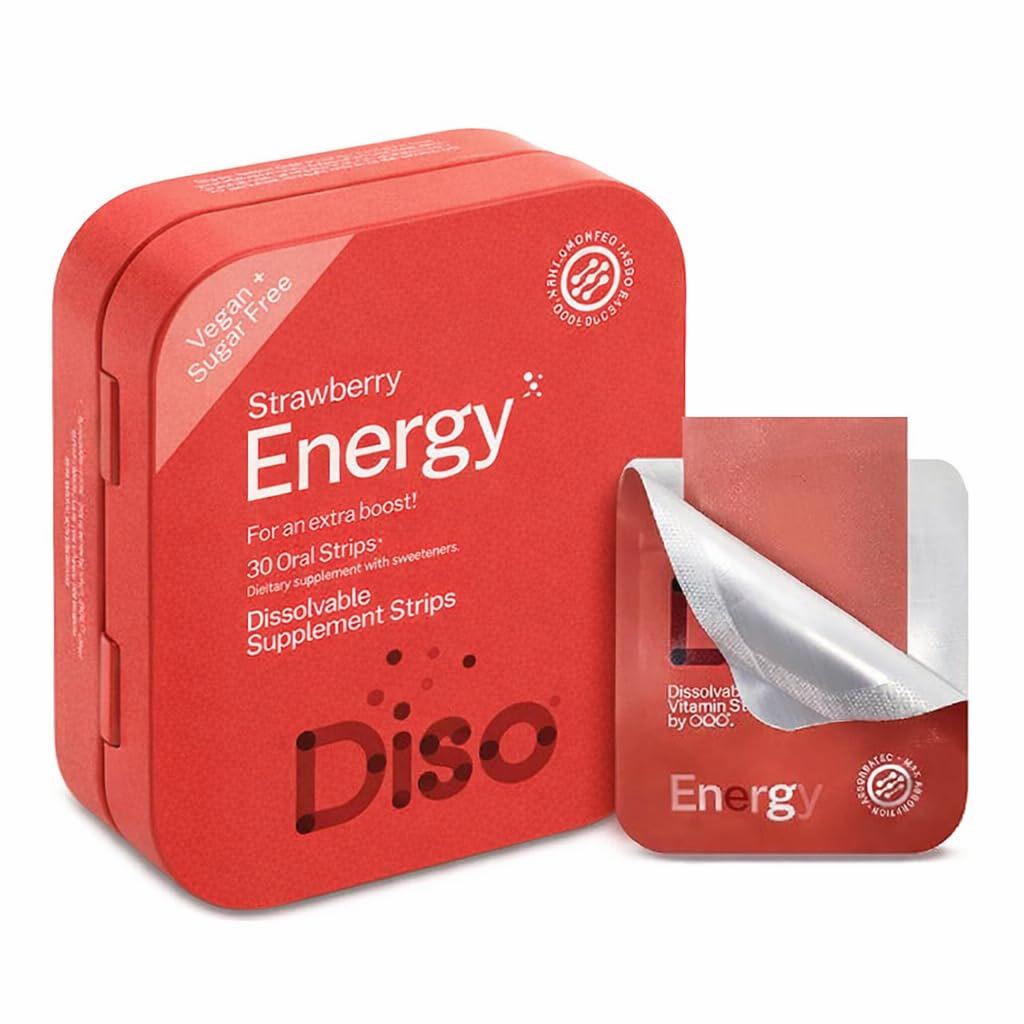 DISO - Énergie - Bandes de caféine à dissolution rapide avec vitamines, saveur de fraise, végétalien, sans sucre, haute absorption, sans gluten, emballée individuellement, 30 bandes dissolvables