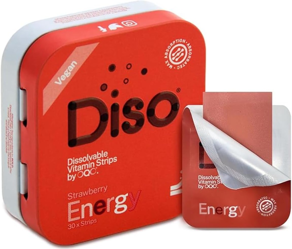 DISO - Énergie - Dissolution rapide Bandes de caféine avec des vitamines, Flacon de fraise, Vegan, Sans sucre, Haute absorption, Sans gluten, emballé individuellement, 30 bandes dissolvables