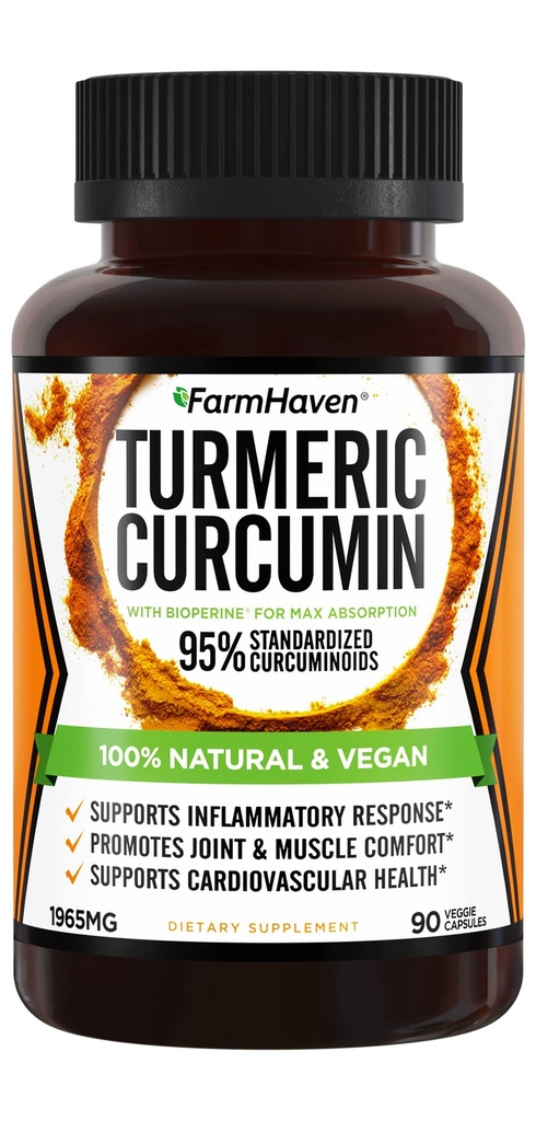 Curcumine curcumine avec Pepper noir BioPerine et 95% Curcuminoides, 1965mg, Absorption maximale pour le soutien des articulations, Capsules Turcuma non-OGM, Fabriqué aux États-Unis - 90 capsules de légumes