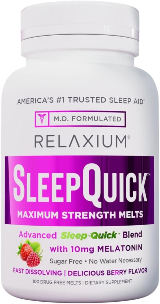 Relaxium Sleep Quick Maximum Strength Melts, aide au sommeil rapide avec 10 mg de mélatonine, supplément alimentaire sans médicament, végétalien, sans gluten, fabriqué aux États-Unis, 100 portions, goût de baie