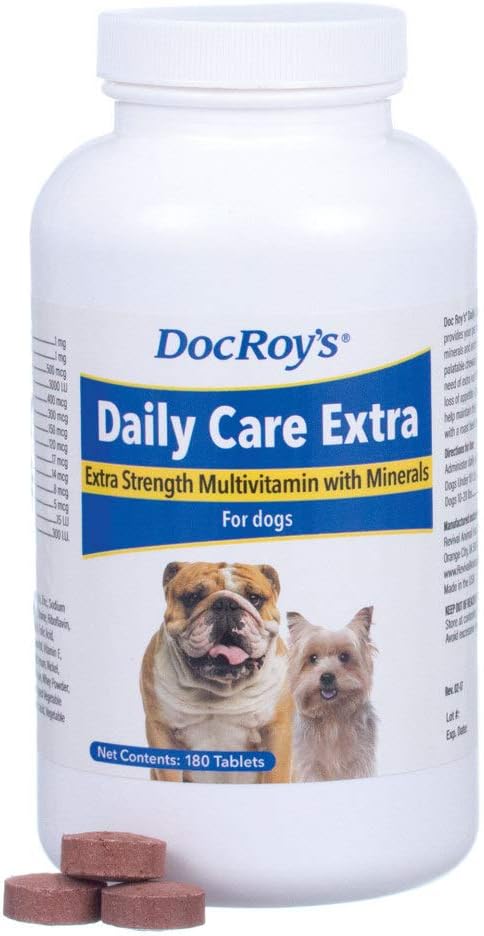 Doc Roy's Daily Care Extra, Multivitamine avancée pour chiens, soutient l'énergie, immunitaire, musculaire, os et santé du cerveau, fournit des vitamines A C Complexe D3 E B, Zinc de fer Magnésium Iodine, Fabriqué aux États-Unis 180 ct