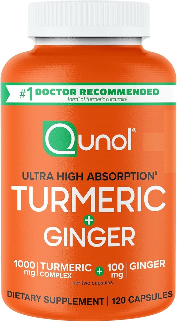 Qunol Turmeric et Ginger Capsules, 1000mg Turmeric Supplément, ultra haute absorption pour soutenir la santé articulaire, n°1 forme recommandée par le médecin de Curcumine Turmère, 120 Compte (paquet de 1)