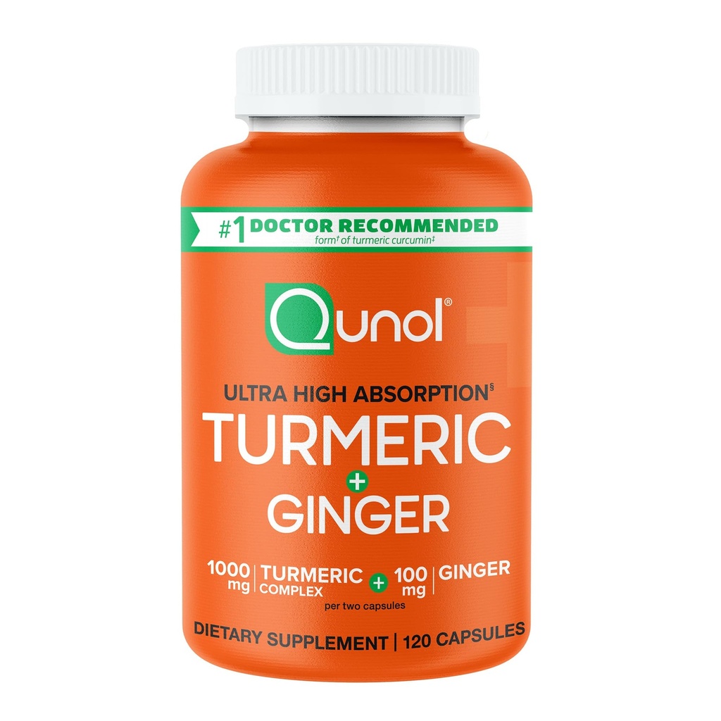 Qunol Turmeric et Ginger Capsules, 1000mg Turmeric Supplément, ultra haute absorption pour soutenir la santé articulaire, n°1 forme recommandée par le médecin de Curcumine Turmère, 120 Compte (paquet de 1)