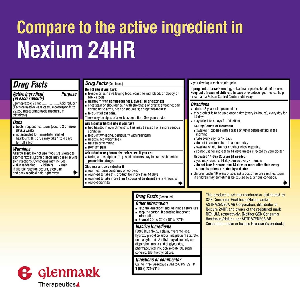 Glenmark Thérapeutique Esomeprazole Magnésium USP 20mg, Capsules de libération différée, traite les brûlures d'estomac fréquentes, 42 Capsules