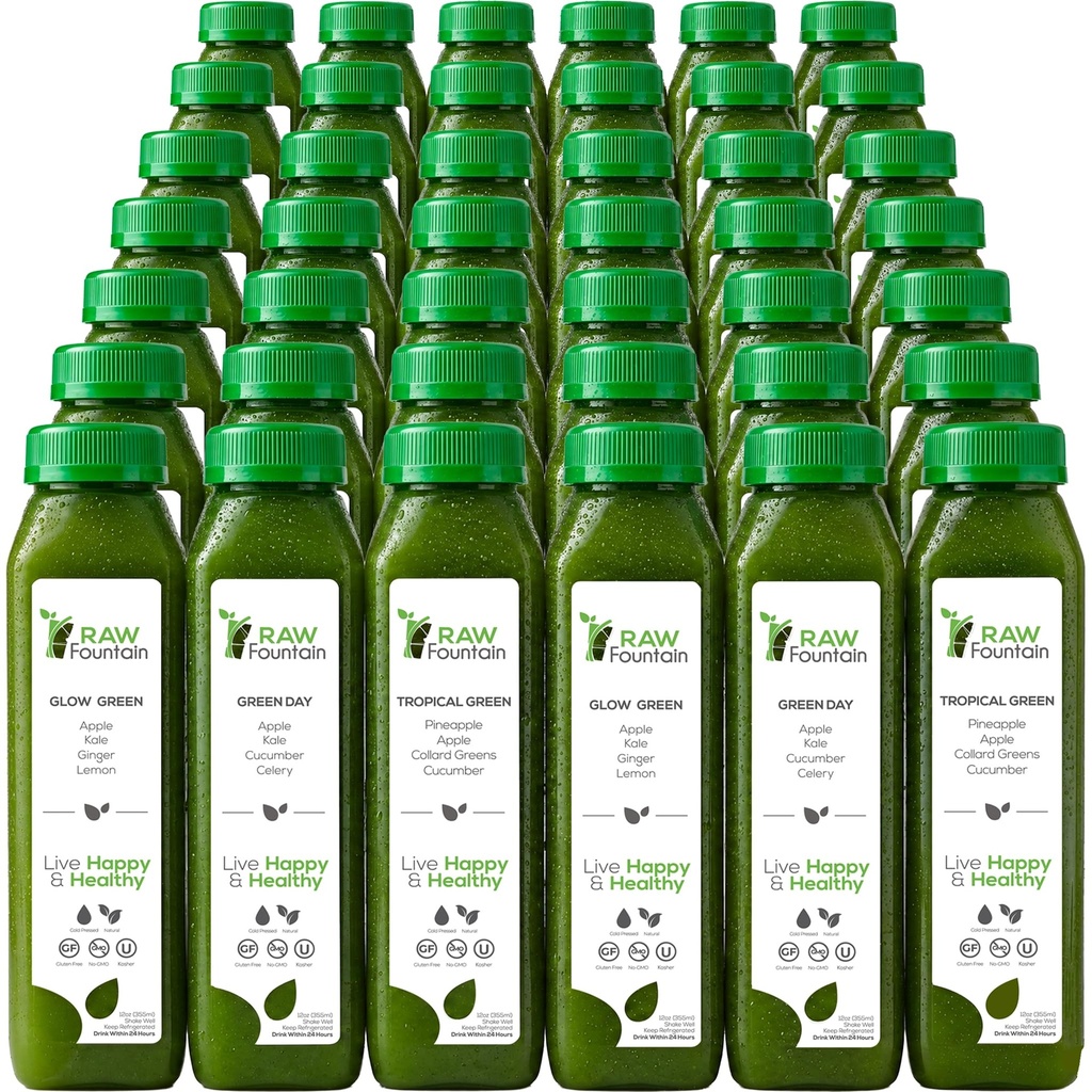 7 Jour de nettoyage de jus vert par Fontaine crue, tous naturels cru, Détox végétalien, jus pressé froid, 42 bouteilles 12oz, 3 coups de gingembre
