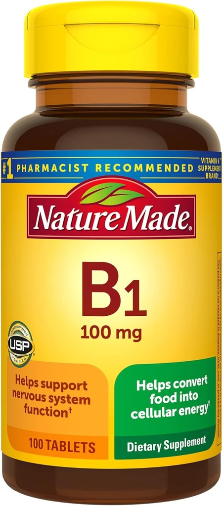 Nature faite de vitamine B1 100 mg, supplément alimentaire pour le métabolisme énergétique, 100 comprimés, 100 jours d'approvisionnement