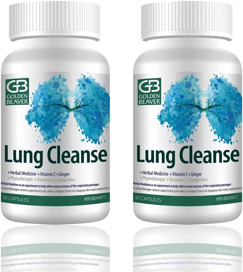Go Golden Beaver® Lung Cleanse - Agent efficace pour les personnes à risque ou contestées par l'infection virale, le tabagisme, la MPOC, la pollution-7 Ingrédients naturels.2 Bouteilles