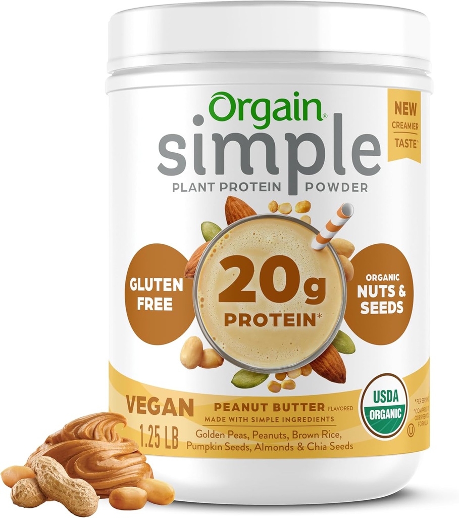Orgain Organic Simple Vegan Protein Powder, Peanut Butter - 20g Plant Based Protein, With less Ingredients, No Artificial Sweeteners, Gluten Free, No Dairy or Lactose, 1.25 lb (Packaging May Vary)