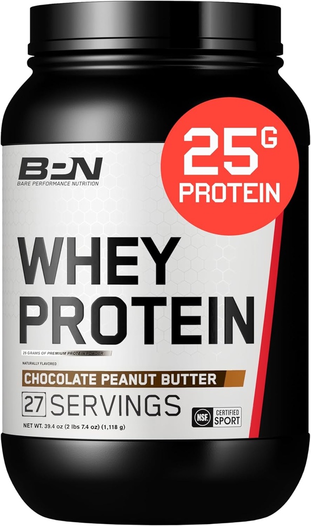 BARE PERFORMANCE NUTRIITION, BPN Whey Protein + Casein Protein Powder Blend, Chocolate Peanut Butter, 25g de protéines par portion soutient la récupération musculaire maigre, 27 portions, tiers testé