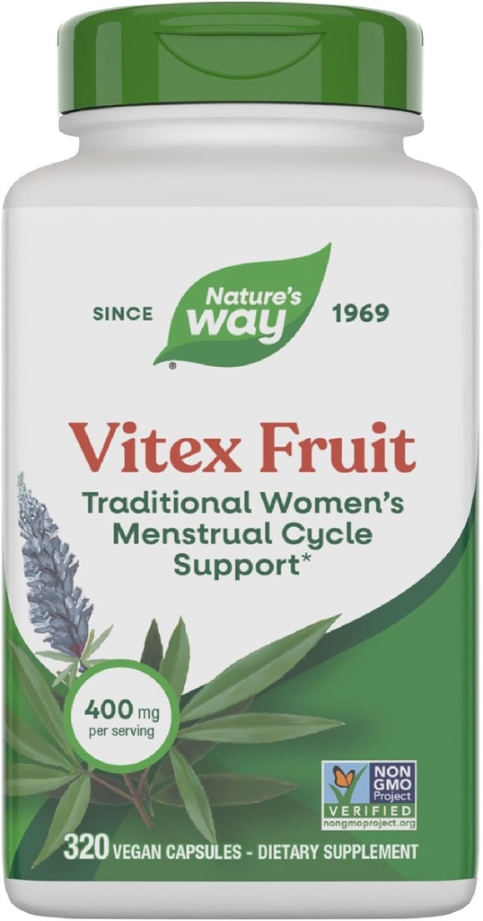Nature's Way Vitex Fruit, Traditional Menstrual Cycle Support*, Traditional Women's Health Support*, Chasteberry, Vegan, 320 Capsules (Packaging May Vary)