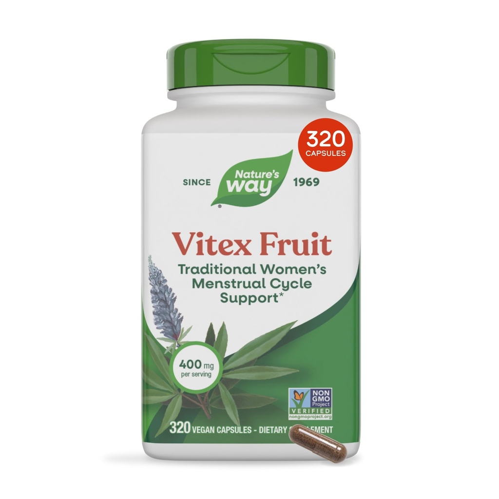 Nature's Way Vitex Fruit, soutien au cycle menstruel traditionnel*, soutien à la santé traditionnelle des femmes*, chasteberry, végétalien, 320 capsules (paquetage May Vary)