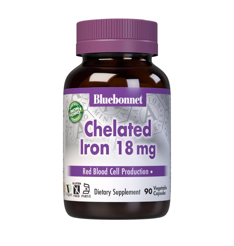 Bluebonnet Nutrition Fer chélaté 18 mg - fer non constipant - Sans soja, sans gluten, sans OGM, certifié Kosher, sans lait, végétalien - 90 capsules végétales, 90 portions