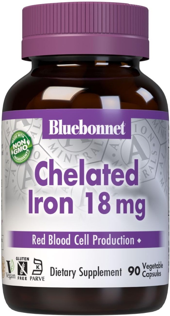 Bluebonnet Nutrition Fer chélaté 18 mg - fer non constipant - Sans soja, sans gluten, sans OGM, certifié Kosher, sans lait, végétalien - 90 capsules végétales, 90 portions