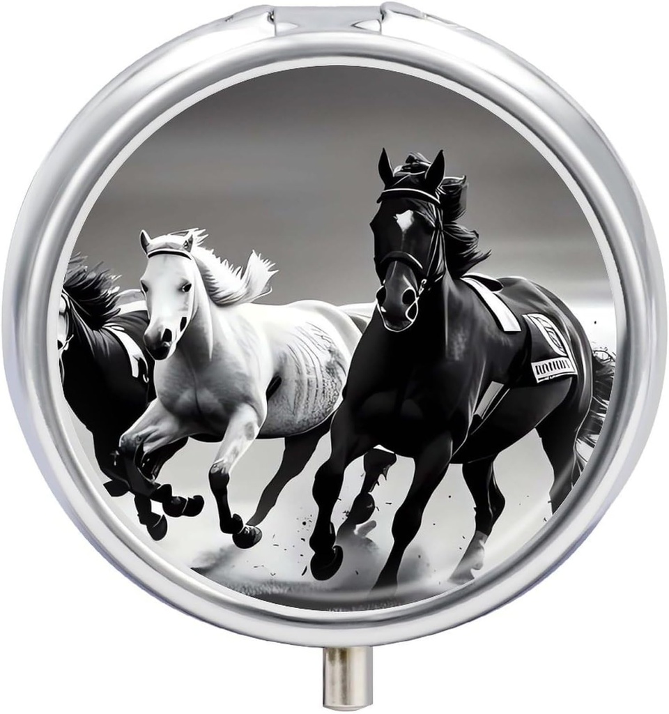 Chevaux noirs et blancs Courant Pill Case 3 Compartiment Portable Pill Box Daily Round Pill Organizer for Pocket Purse Daily Medicine Container to Hold Vitamines Fish Oil Travel Gifts