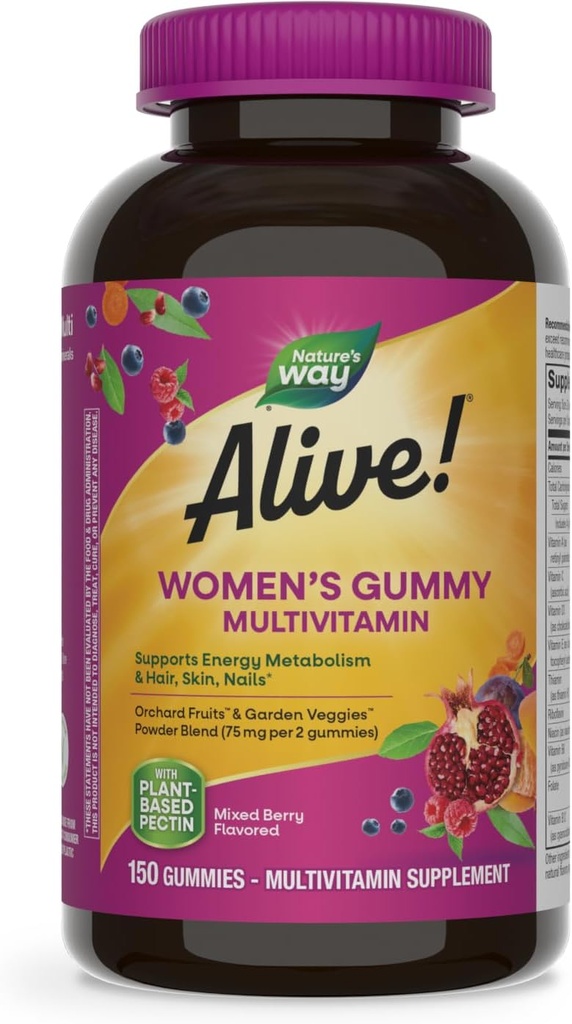Nature's Way Alive! Women's Daily Gummy Multivitamins, 16 Vitamins & Minerals, Energy Metabolism*, Hair Skin & Nails*, Vegetarian, Mixed Berry Flavored, 150 Gummies (Packaging May Vary)