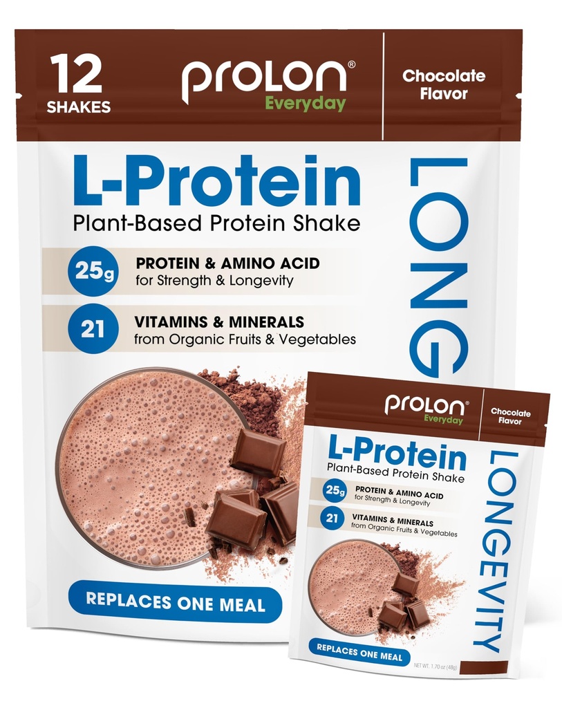 Prolon Poudre de protéines à base de plantes de longue durée: Synthèse et réparation musculaires, Vieillissement en santé, Performance accrue: Vitamines, Sans gluten, Acides aminés, Antioxydants: 25g de protéines: Chocolat, 12 paquets