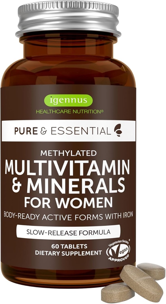 Igennus High Potency Methylated Multivitamin for Women, Pure & Clean Ingredients, MTHFR Supplement with Active B-Vitamins, Vitamin K2 MK7, Gentle Iron, Sustained Released, Non-GMO & Halal, 60 Tablets
