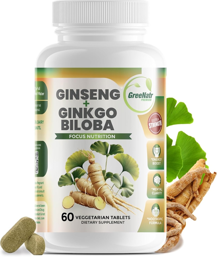 GreeNatr Ginko Biloba & Panax Supplément Ginseng - Supplément Cerveau Ginseng Rouge pour Mémoire et Focus - Suppléments Ginkgo Biloba pour une bonne vision, système immunitaire et amélioration du flux sanguin - 60 comprimés