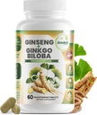 GreeNatr Ginko Biloba & Panax Supplément Ginseng - Supplément Cerveau Ginseng Rouge pour Mémoire et Focus - Suppléments Ginkgo Biloba pour une bonne vision, système immunitaire et amélioration du flux sanguin - 60 comprimés