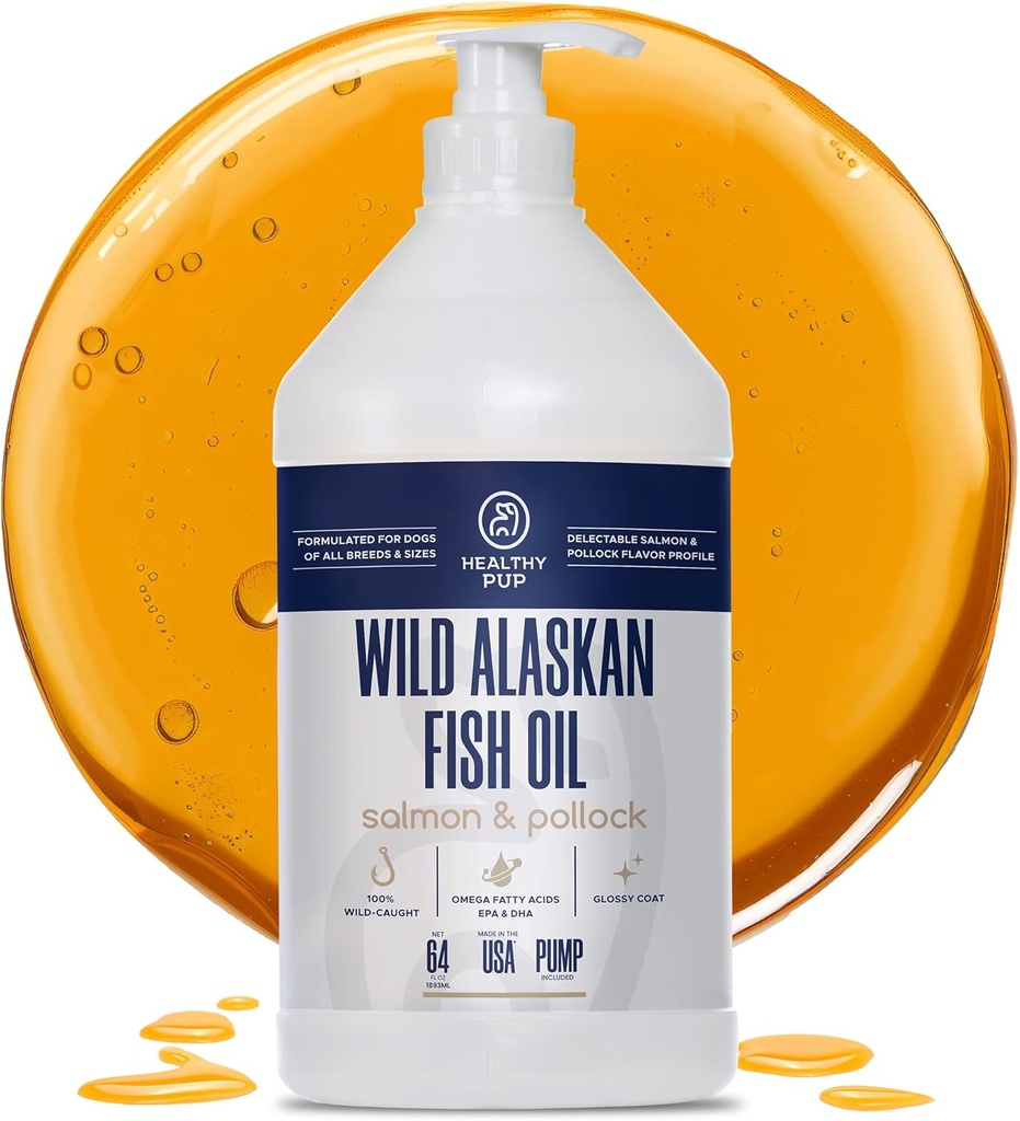 Huile de saumon sauvage de l'Alaska pour chiens avec Pollock - 64 oz d'huile de Pollock et de saumon, Omega 3, EPA et DHA - Supplément de peau et de manteau pour chiens - Fabriqué aux États-Unis