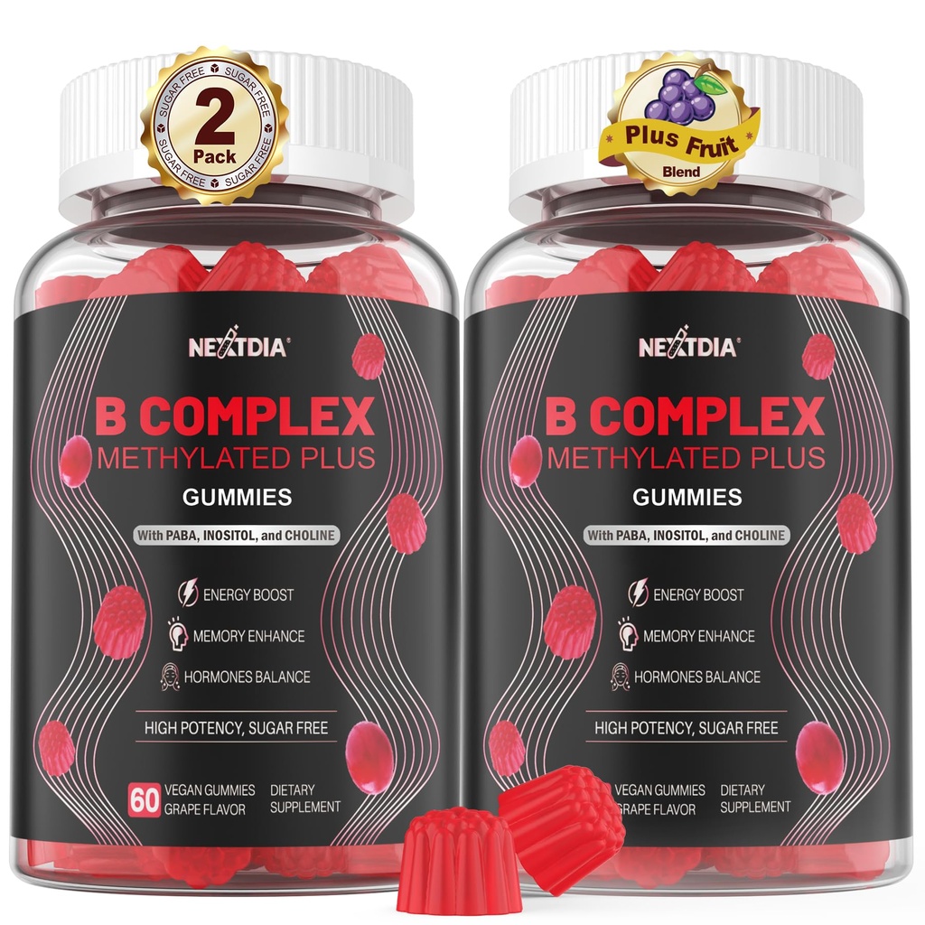 Cerveau & Mood Support Gummies, Complexe Super Vitamine B pour les hommes et les femmes, All B Vitamine B1 B2 B3 B5 B6 B7 Folate MethyB12 avec PABA, Inositol, Choline, Supports MTHFR Gene & Energy, Vegan, 120Ct