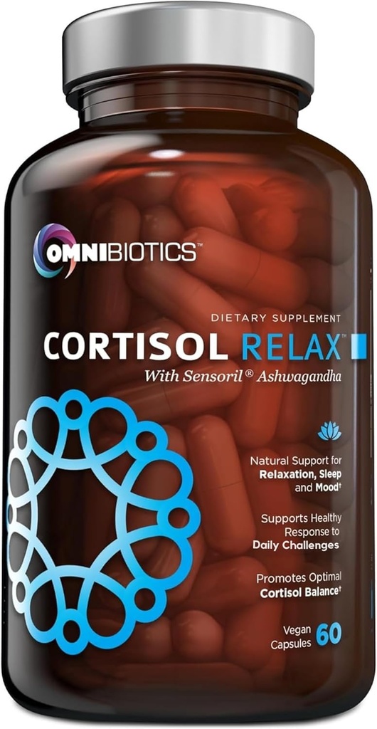 OmniBiotiques Supplément Cortisol pour les femmes et les hommes - Haute Cortisol Manager avec Ashwagandha, L-Theanine, Extrait de Magnolia, Phosphatidylsérine pour soutenir la relaxation, Calme, Detox - 60 Capsules Vegan