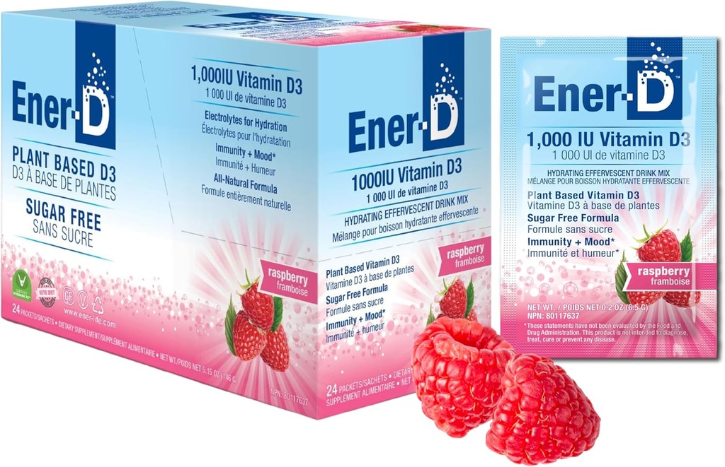 Mélange de boissons multivitamines sans sucre - Vitamine D3 Poudre pour l'eau, Poudre d'électrolytes Pas de sucre, Packs de boost d'hydratation, Zéro sucre, Supplément de vitamine D3 Mélange liquide - Framboise, 24 Compte