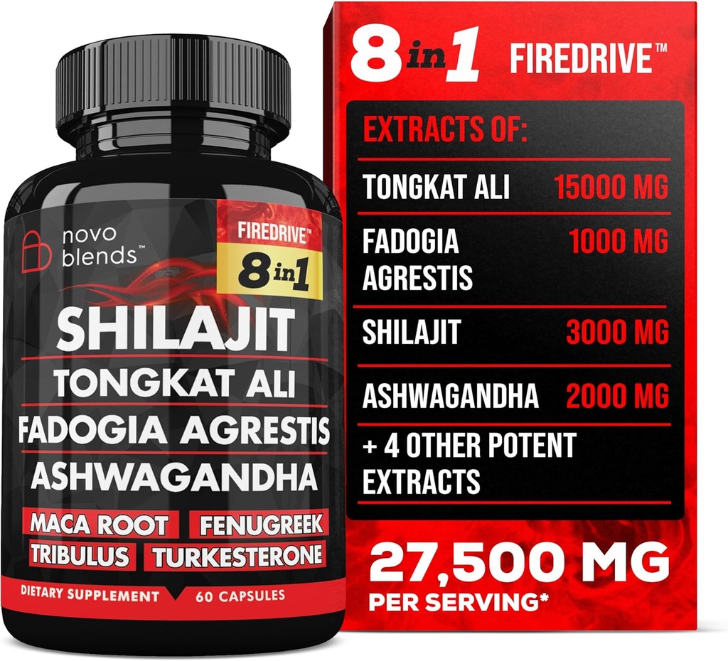 Shilajit 3000mg Tongkat Ali 15 000mg Fadogia Agrestis 1000mg Maca Root 2000mg Ashwagandha 4000mg Fenugreek 1500mg Tribulus Terrestris 500mg Turkestérone 500mg, 8-en-1 supplément mélange pour les hommes
