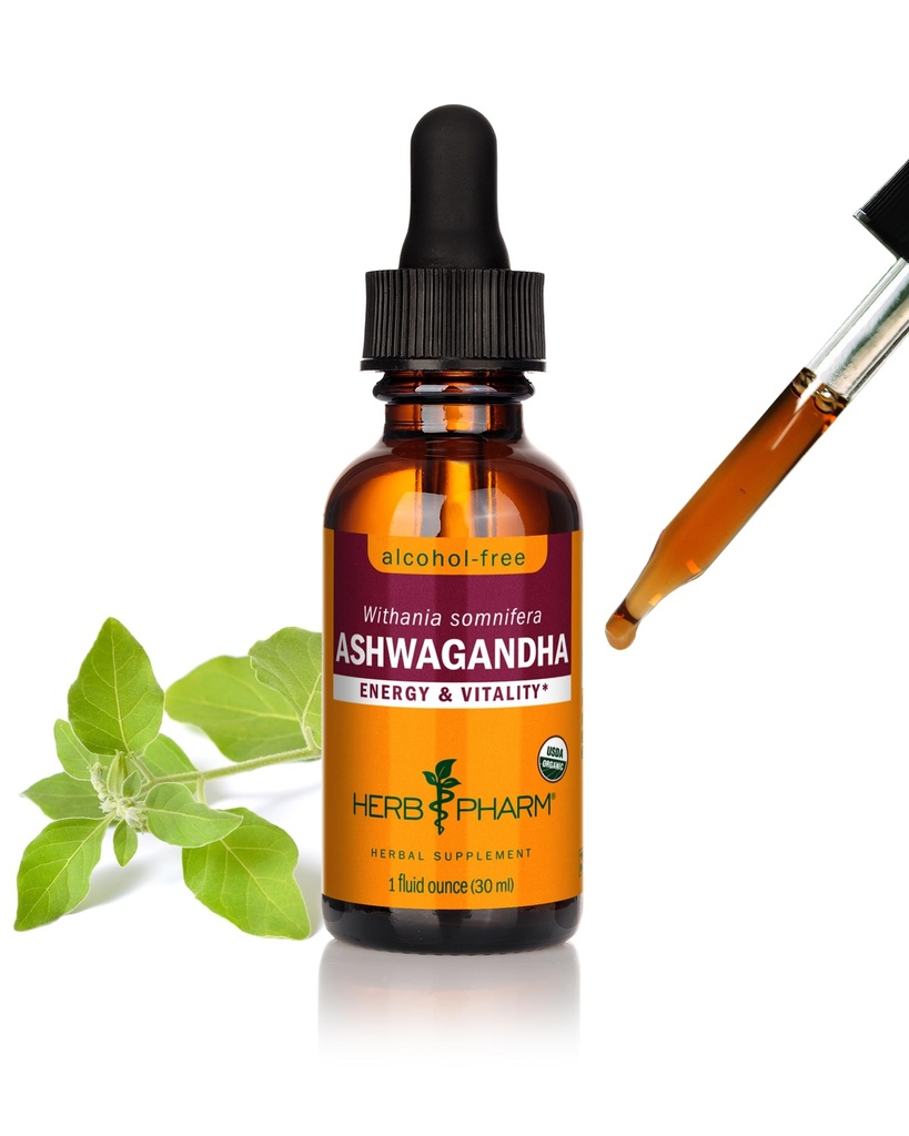 Herb Pharm extrait liquide d'Ashwagandha biologique, sans alcool: supplément de soutien de l'humeur, Glycérite racine d'Ashwagandha végétalien, Extrait adaptogène non amère savoureux pour les adultes, non-OGM, 1 Oz