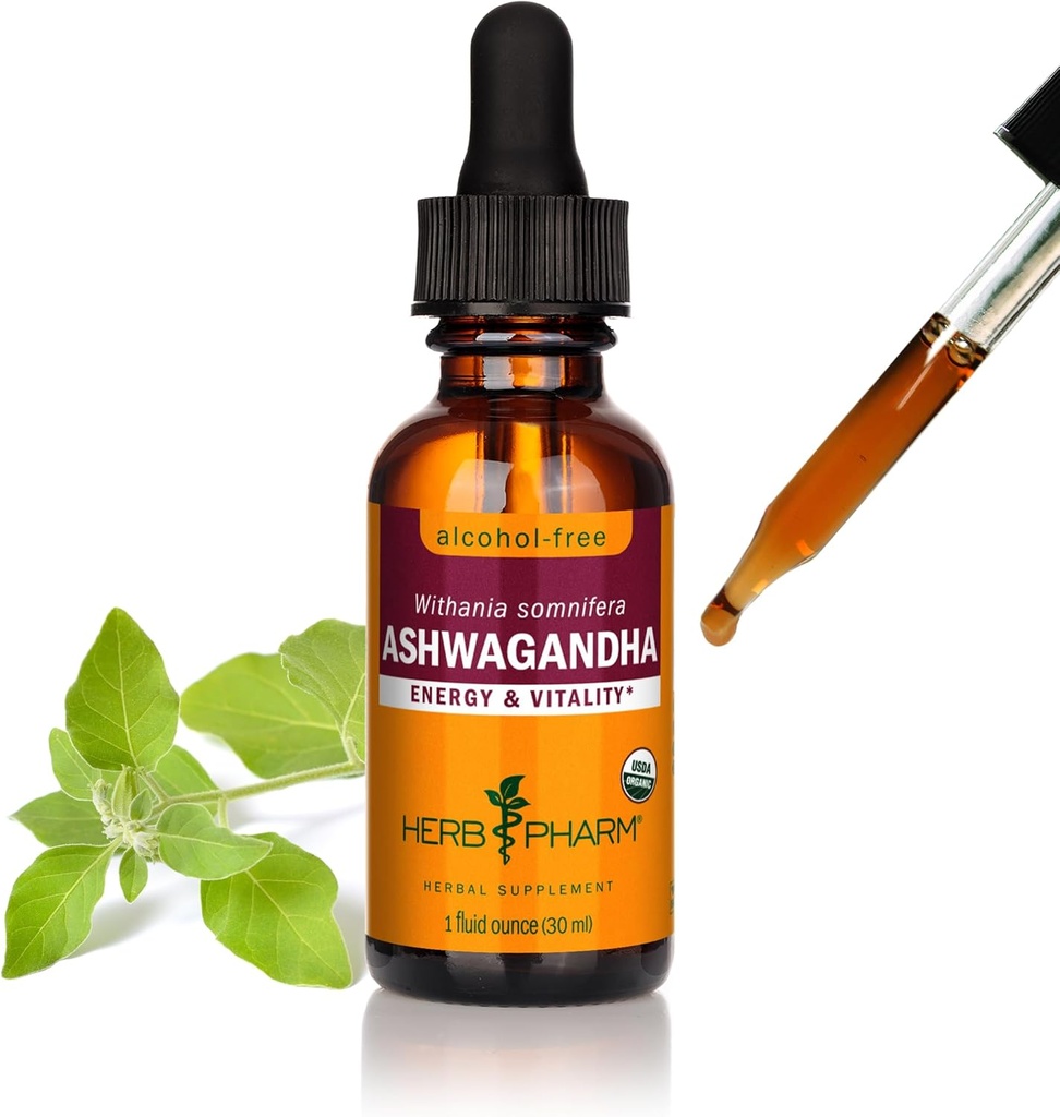 Herb Pharm extrait liquide d'Ashwagandha biologique, sans alcool: supplément de soutien de l'humeur, Glycérite racine d'Ashwagandha végétalien, Extrait adaptogène non amère savoureux pour les adultes, non-OGM, 1 Oz