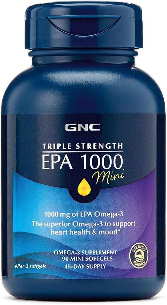 GNC Triple Strength Fish Oil EPA 1000 Mini, 1000mg Omega 3, Mini Softgels, soutient les yeux, le cerveau, la peau, les triglycérides sains, le coeur, les articulations, revêtus pour contrôler les Burps de poisson, 45 portions