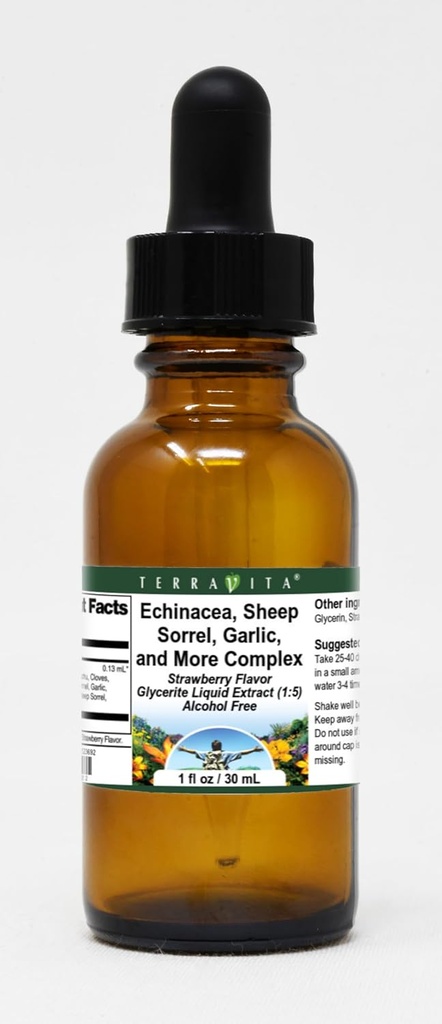 Terravita Echinacea, Sheep Sorrel, Garlic, and More Complex Glycerite Liquid Extract (1:5) - Strawberry Flavored (1 oz, ZIN: 523692)