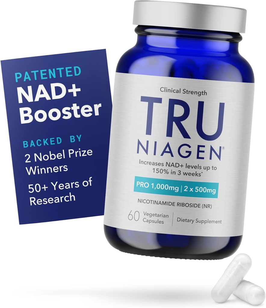 TRU NIAGEN PRO NAD+ Supplément pour l'antivieillissement et la régénération cellulaire, 2 x 500mg Niagen breveté, 30 portions soutient l'énergie cellulaire.