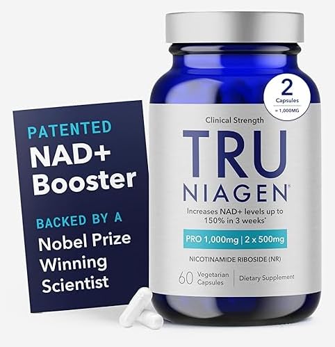 TRU NIAGEN PRO NAD+ Supplément pour l'antivieillissement et la régénération cellulaire, 2 x 500mg Niagen breveté, 30 portions soutient l'énergie cellulaire.
