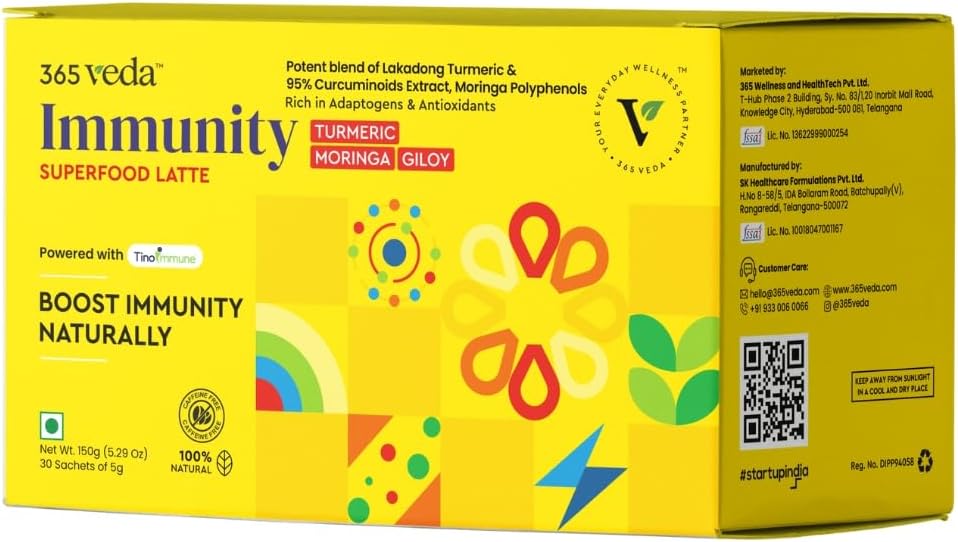 Immunity Boost Latte avec Moringa & Giloy, Turmeric, 100% ingrédients naturels, peut améliorer la digestion, sans gluten sachets sur le pouce (30 comte)