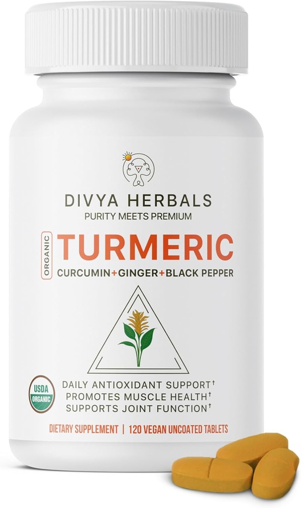 Turcuma biologique et gingembre + poivre noir - 100 % de racines entières pures, non traitées, non enrobées, mélange ayurvédique authentique - soutient la santé et l'immunité articulaires – 120 Tabs végétaliens