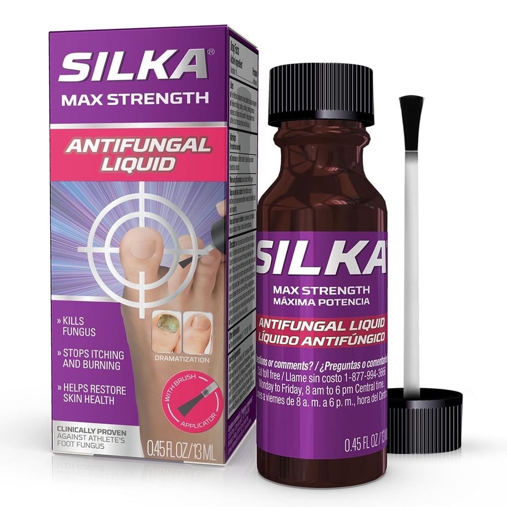 SILKA Max Strength Antifongique liquide pour la santé des Toénails avec applicateur de brosse, résultats en 1 semaine, traitement des champignons de ongles pour les ongles endommagés, traitement des pieds des athlètes, Tolnaftate 1% 0,45 Fl Oz