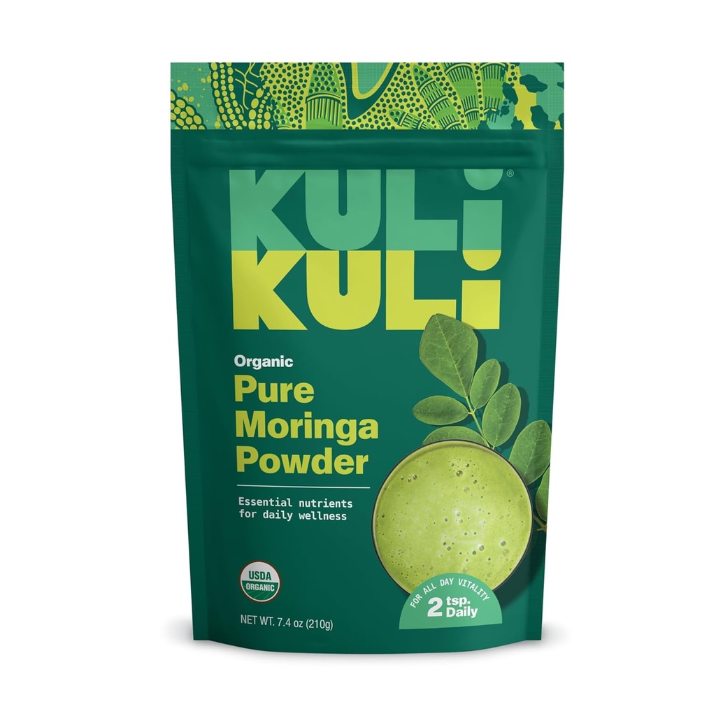 Kuli Kuli Moringa Oleifera Poudre de feuille biologique et smoothie verte, 100% pur USDA Certifié et poudre de Moringa non-OGM, idéal avec des smoothies, thé et aliments, 1 paquet