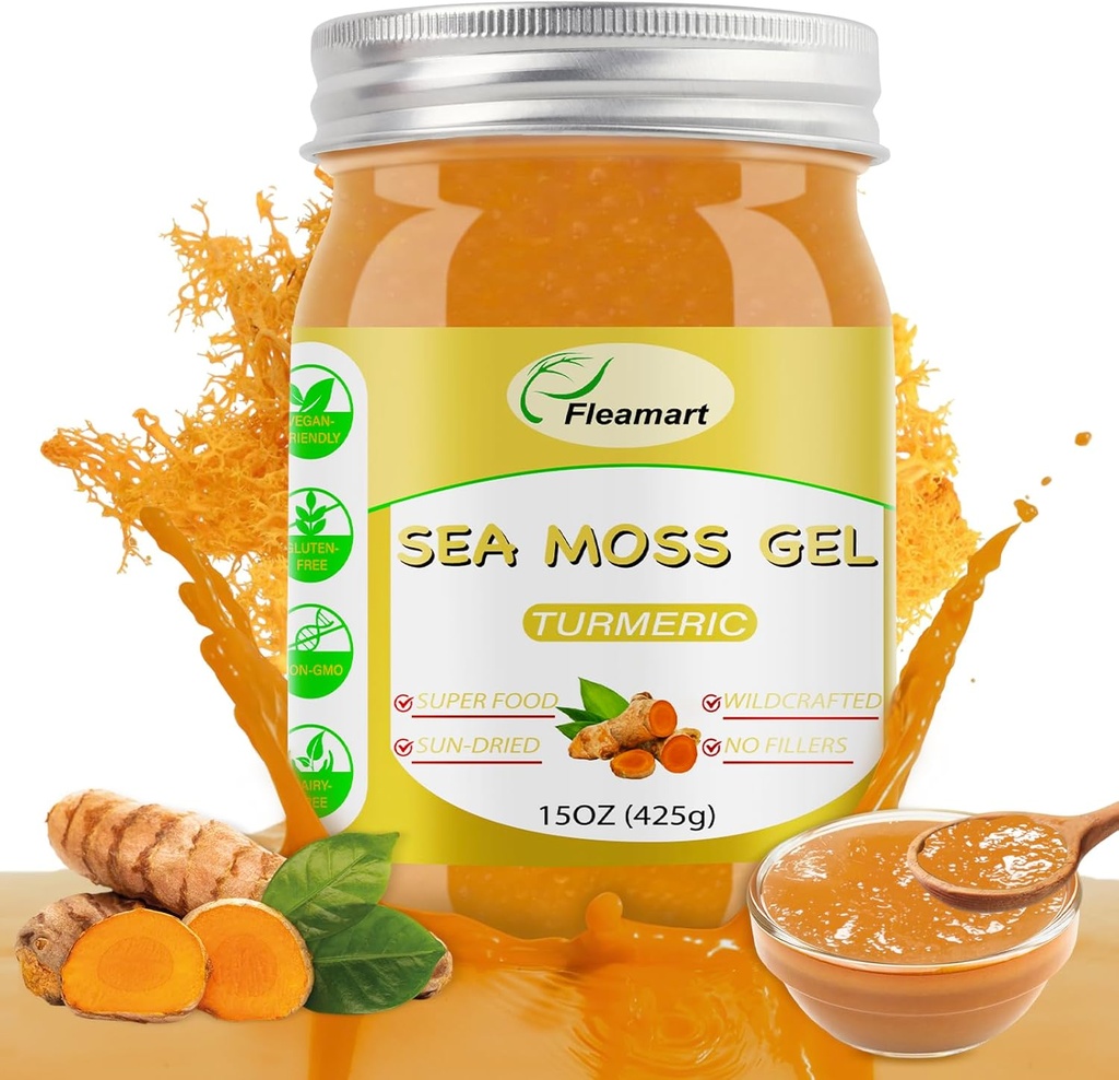 15OZ Natural Wildcrafted gel cru de mousse de mer pour le soutien immunitaire, Digestion saine, support thyroïde Wildсrafted gel de mousse de mer d'or riche en minéraux, protéines et vitamines, saveur curcuma
