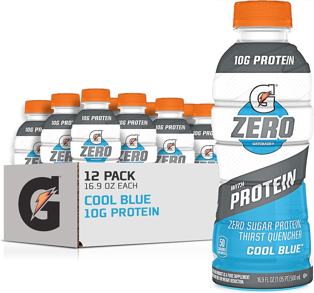 Gatorade Zéro avec des protéines, 10g d'isolat de protéines de lactosérum, Zéro sucre, végétarien, électrolytes liquides, bleu frais, 16,9 Fl Oz bouteille, 12 Pack