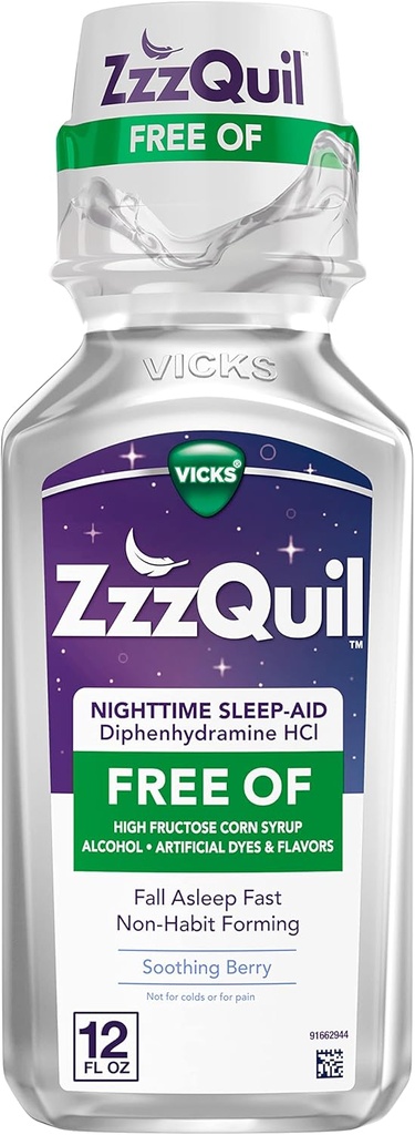 ZzzQuil, aide au sommeil de nuit liquide, exempt d'alcool et de colorants artificiels, 50 mg de Diphenhydramine HCl, marque d'aide au sommeil no 1, asleep d'automne rapide, forme non-habitante, apaisante fleur de Berry, 12 FL OZ