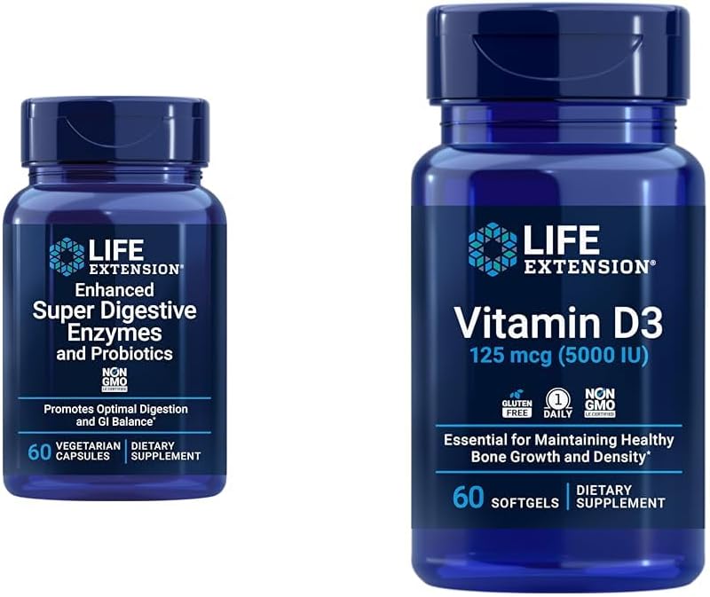Extension de vie 60-Count Super Enzymes Digestion et 5000 UI Vitamine D3 Capsules pour la digestion, os, cerveau, santé immunitaire