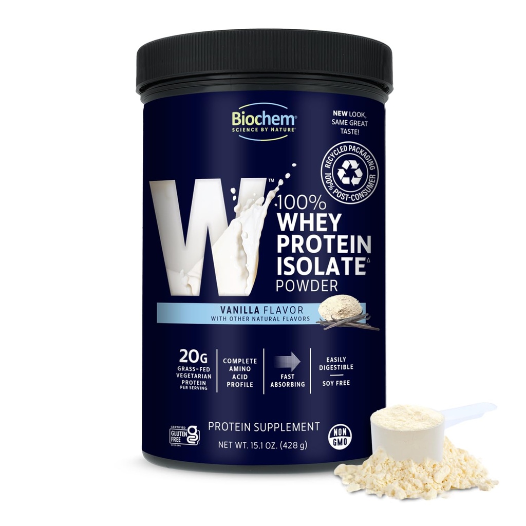 Biochem 100% Whey Isolate Protein - Vanilla Flavor - 15.1 Ounce - Soutient la santé immunitaire - Facilement digestible - Bouche rafraîchissant - 20g Protéine végétarienne - Acides aminés