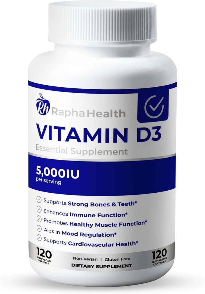 Vitamine D3 Haute puissance: 5000 UI pour le soutien immunitaire, osseux et cardiovasculaire.