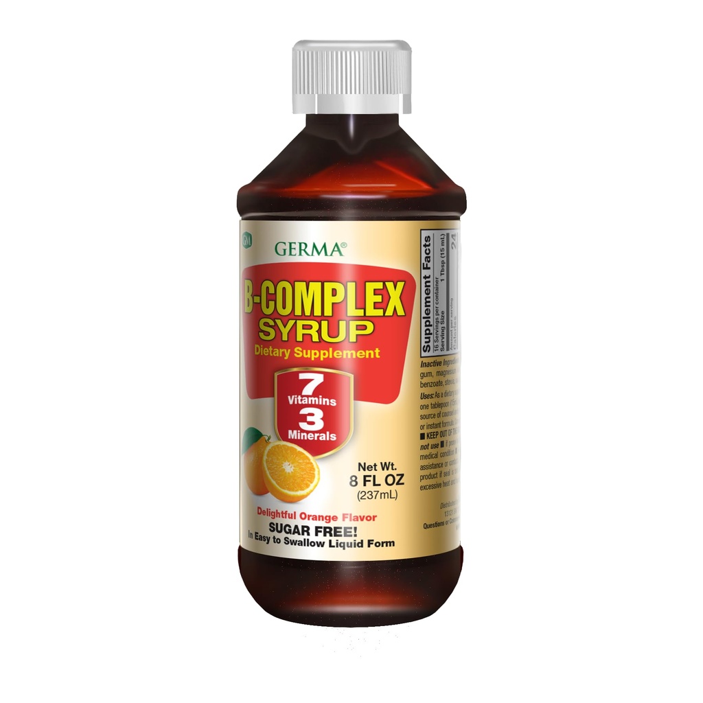 Germa B-Complex Sirop. Supplément diététique. Aide à la santé, à la croissance et au développement des os. Sans sucre.